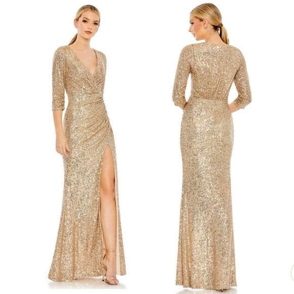 Mac Duggal Ieena 42015 gown Gold sequin 3/4 sleeve draped evening dress 6 - Picture 1 of 12